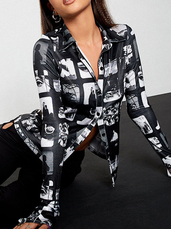 Lapel Abstract Printed Bell Sleeve Shirt