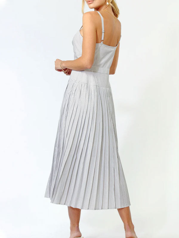 Adjustable Straps Pinstripe Pleated Midi Dress