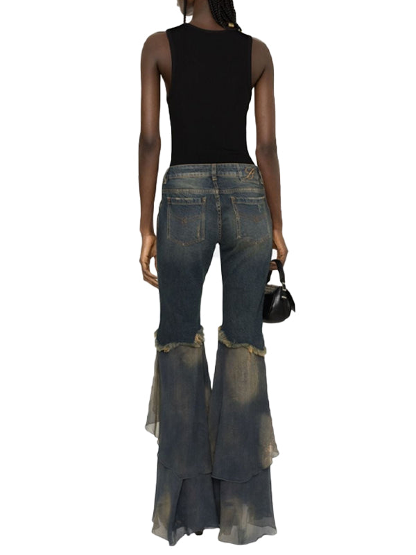 Y2K Zipper Flared Ruffle Hem Jeans