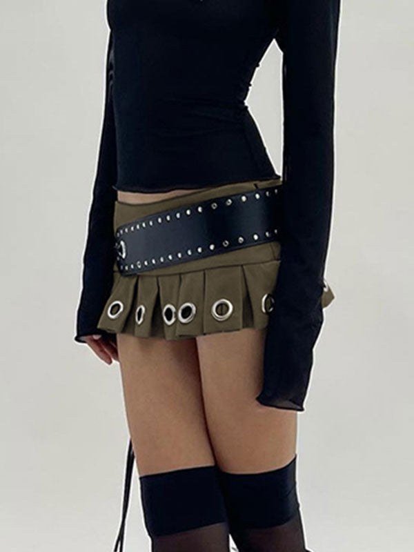 Belted Eyelet Metal Pleated Mini Skirt