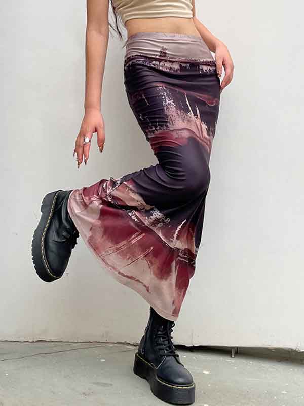 Vintage Printed Elastic Waist Bodycon Skirt