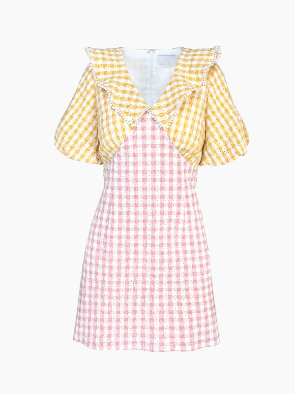 V Neck Eyelet Gingham Collared Dress