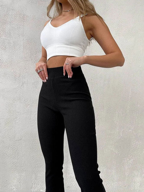 Street Flared Elastic Waist Solid Pants