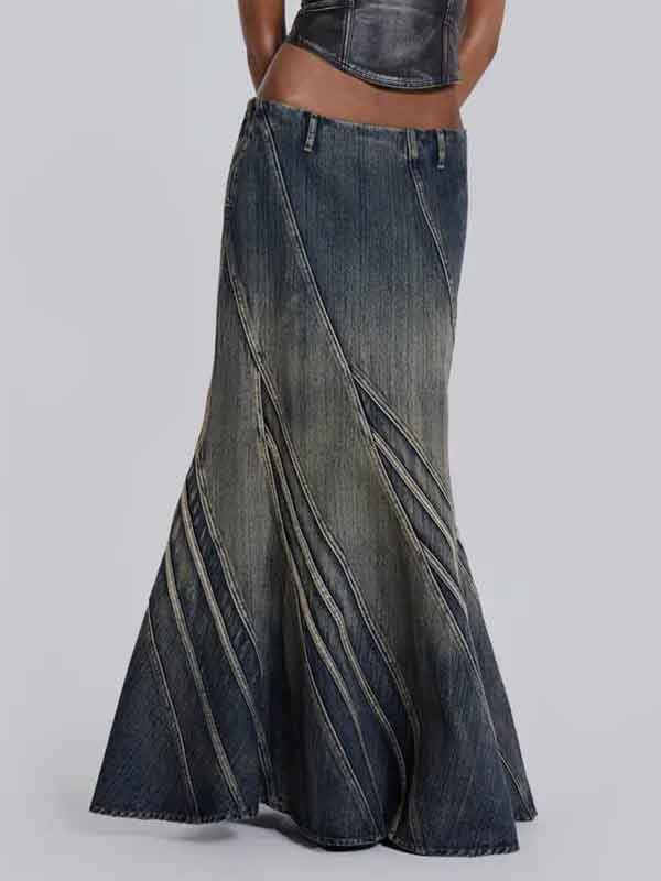 Patchwork Wash Zipper Mermaid Denim Skirt