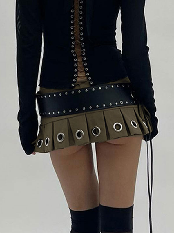 Belted Eyelet Metal Pleated Mini Skirt