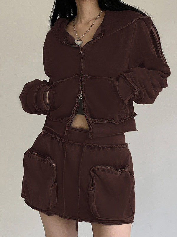 Plain Hooded Zipper Two Piece Set