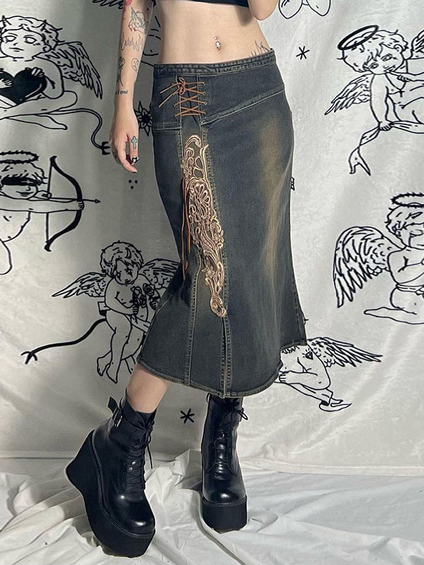 Slit Lace Up Embroidered Denim Skirt