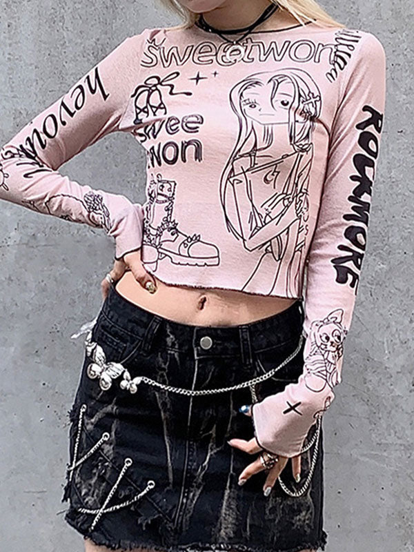 Cartoon Printed Contrast Trim Long Sleeve T-Shirt