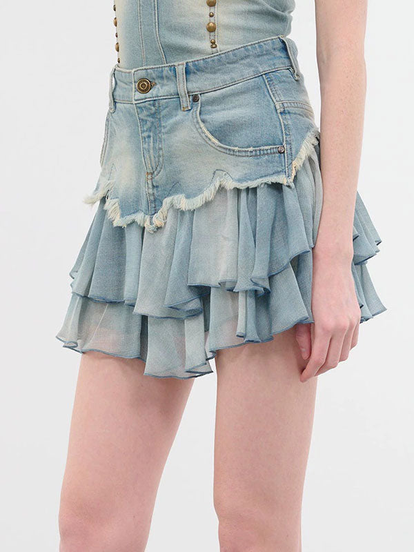 Chiffon Ruffled Patchwork Washed Denim Skirt