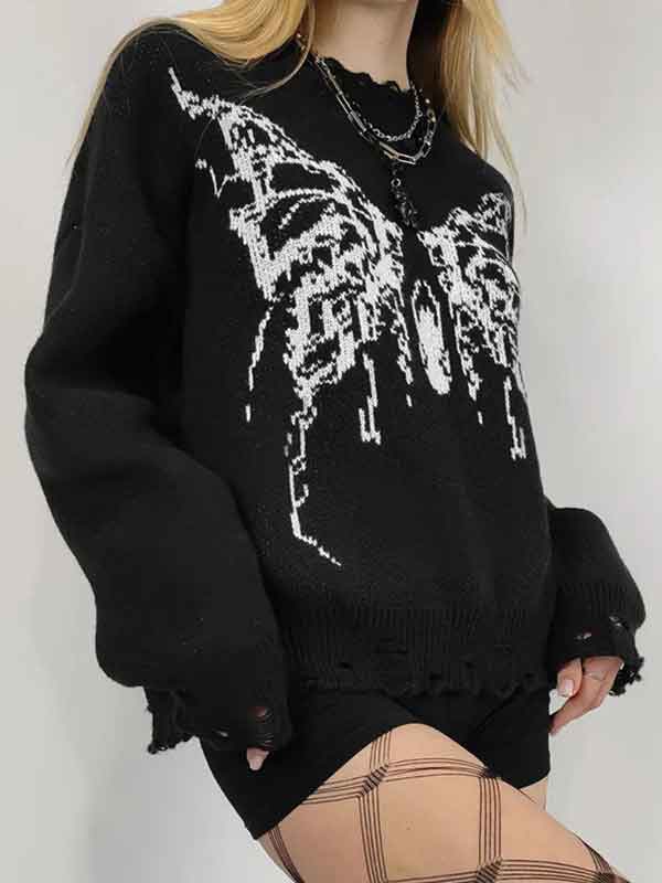 Butterfly Loose Frayed Trim Sweater