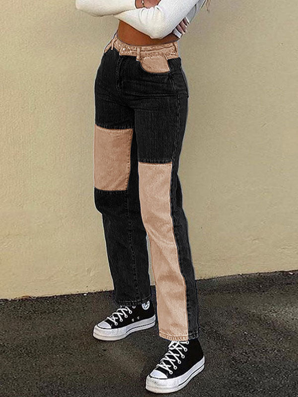 Casual Patchwork High Waist Color Block Jeans