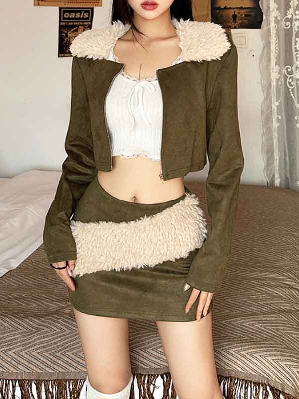 Lapel Patchwork Zipper Two Piece Set