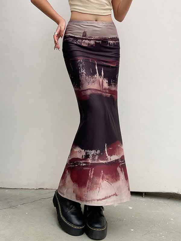 Vintage Printed Elastic Waist Bodycon Skirt