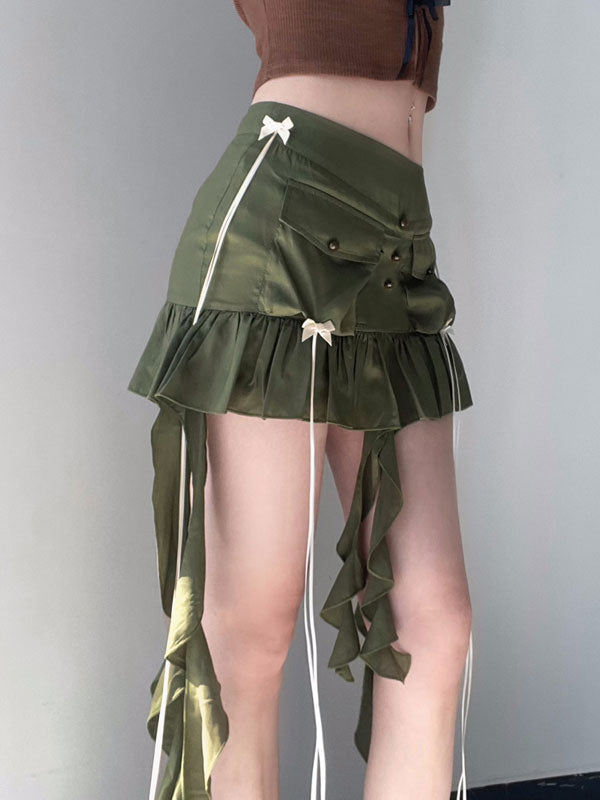 Solid Bow Ruffled Hem Mini Skirt