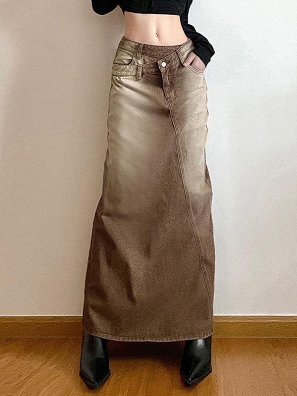 Gradient Denim Back Slit Maxi Skirt