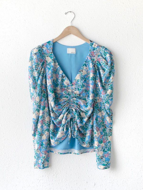 Ruched Front Floral Long Sleeve Blouse