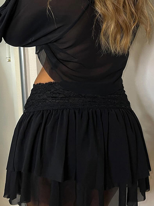 Y2K Patchwork Lace Up Mesh Skirt