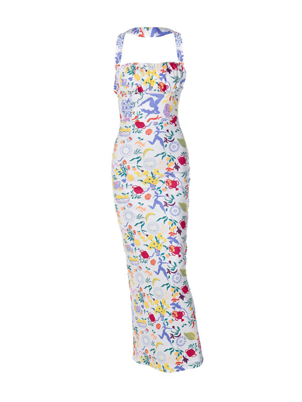 Backless Halter Printed Bodycon Maxi Dress