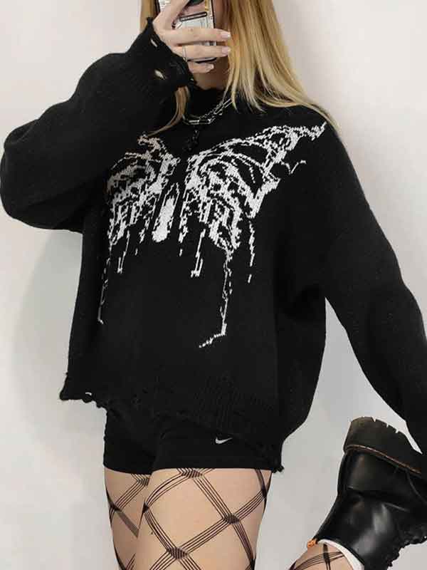 Butterfly Loose Frayed Trim Sweater