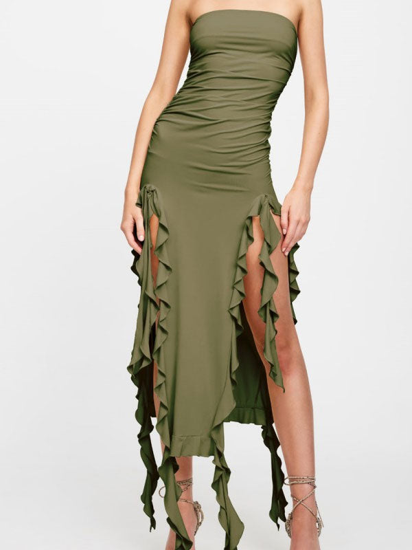 Strapless Irregular Ruffles Bandeau Plain Maxi Dress