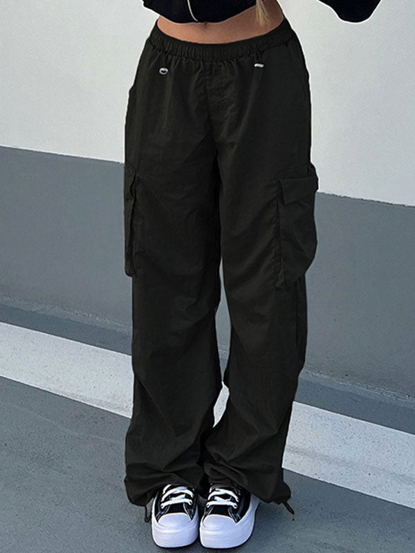 Solid Elastic Waist Drawstring Pants