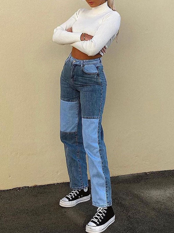 Casual Patchwork High Waist Color Block Jeans