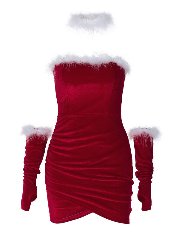 Xmas Strapless Solid Bodycon Mini Dress