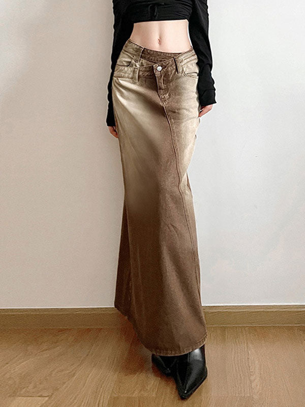 Gradient Denim Back Slit Maxi Skirt