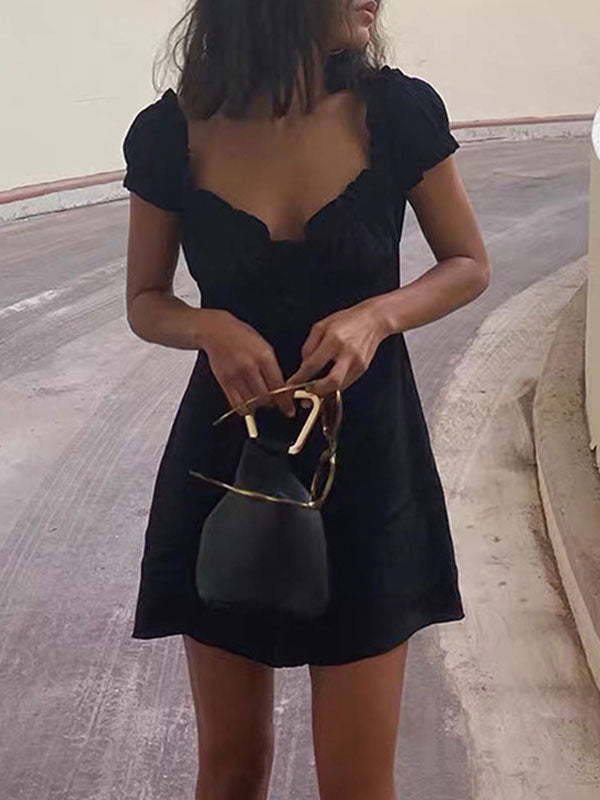 Lace Up V Neck Solid Black Mini Dress