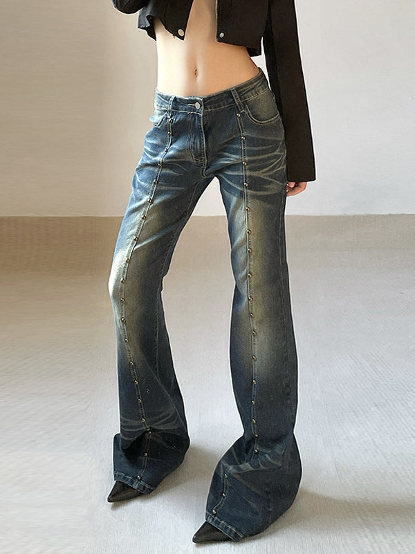 Y2K Zipper Rivet Gradient Flared Jeans