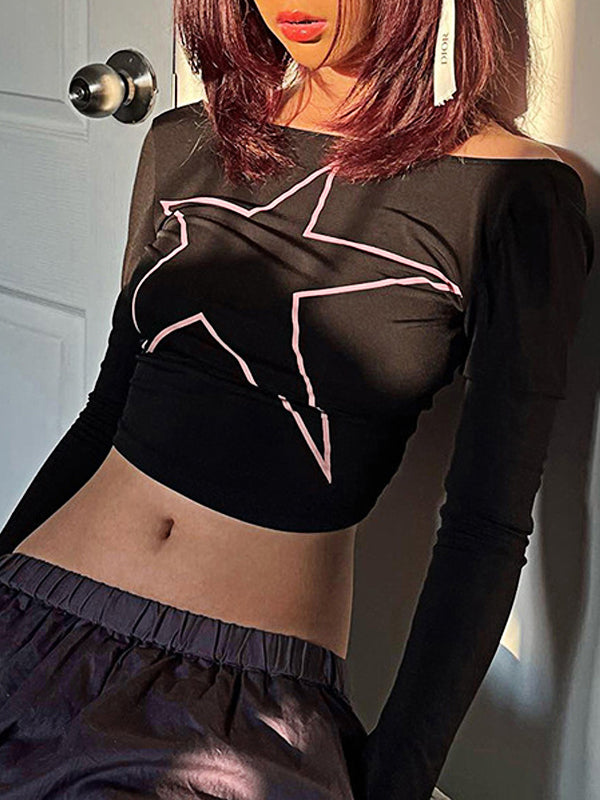 Boat Neck Exposed Navel Star T-Shirt