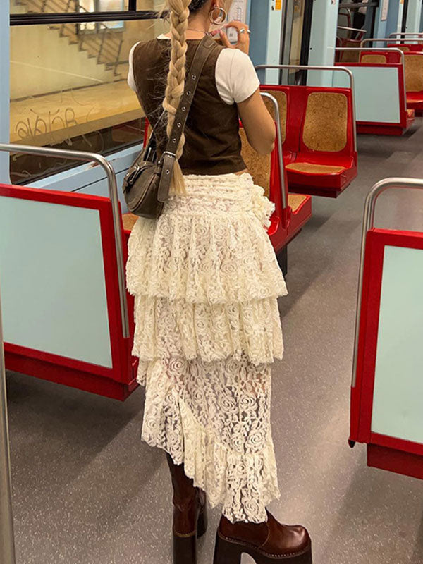 Asymmetric Hem Flounce Lace Skirt