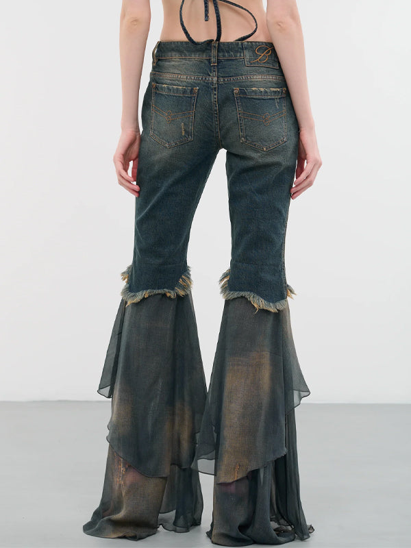 Y2K Zipper Flared Ruffle Hem Jeans