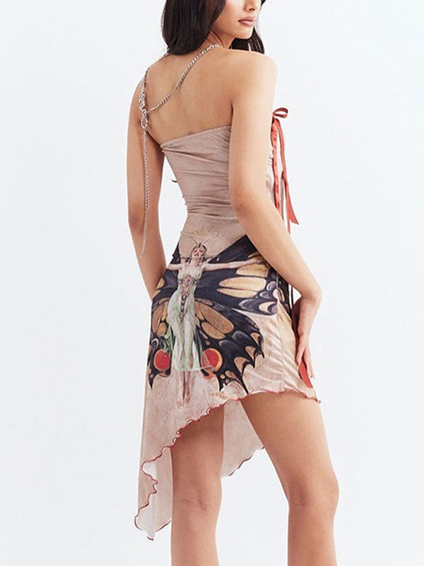 Butterfly Print Asymmetric Hem Dress