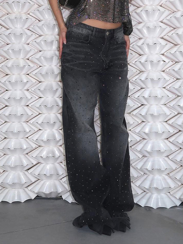 Gradient Zipper Whiskered Diamante Jeans