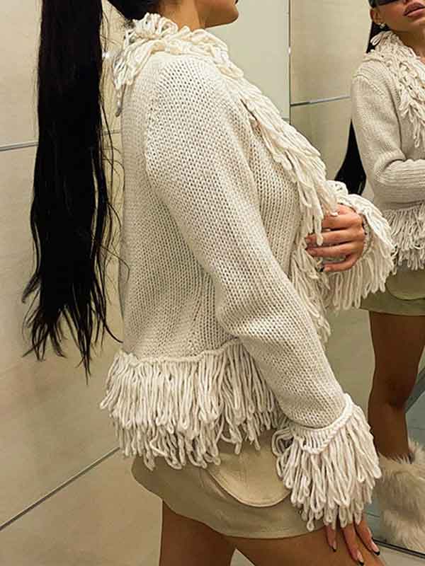 Tassel Snap Front Patchwork Solid Cardigan