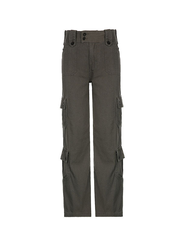 Double Buttons Straight Leg Cargo Jeans