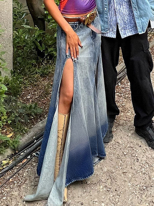 Asymmetric Hem High Slit Denim Maxi Skirt