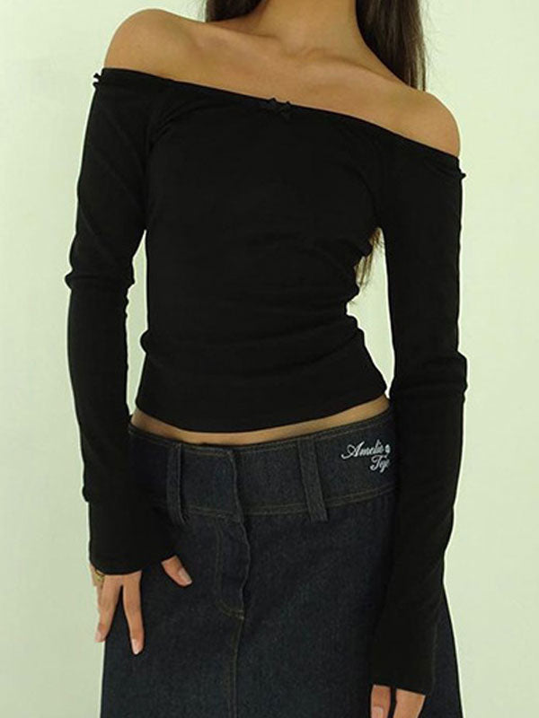 Solid Off Shoulder Bow Slim T-Shirt