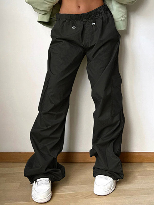 Solid Elastic Waist Drawstring Pants