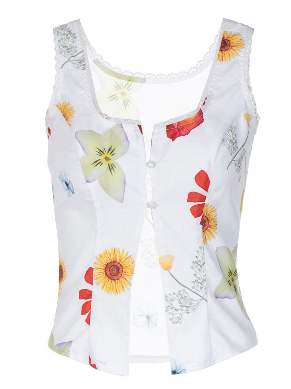 Square Neck Button Floral Print Vest