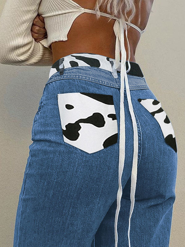 Zipper Cow Pattern Patchwork Jeans