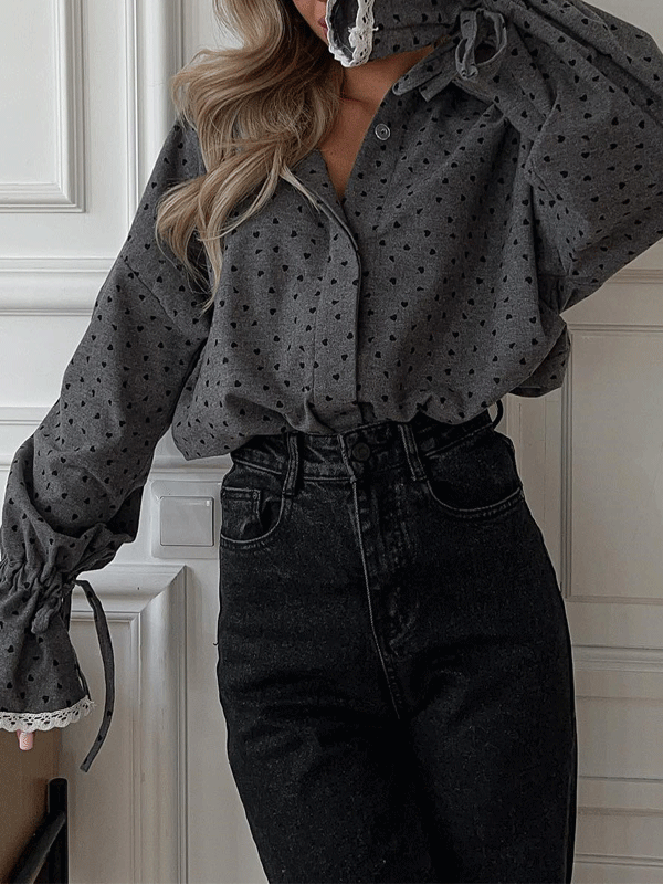 Heart Print Turn Down Collar Blouse