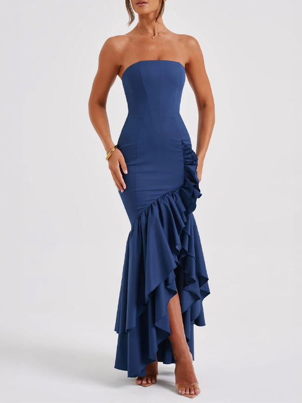 Asymmetric Hem Strapless Maxi Dress