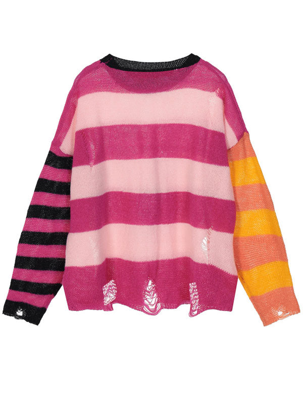 Striped Patchwork Round Neck Sweaters