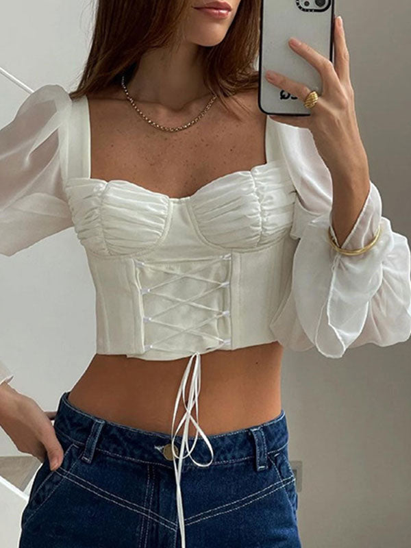 Lace Up Exposed Navel Blouse