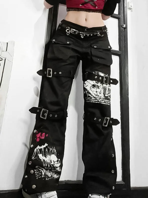 Street Printed Belt High Rise Washed Jeans