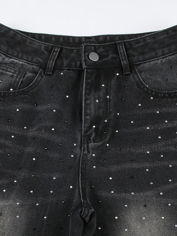 Gradient Zipper Whiskered Diamante Jeans