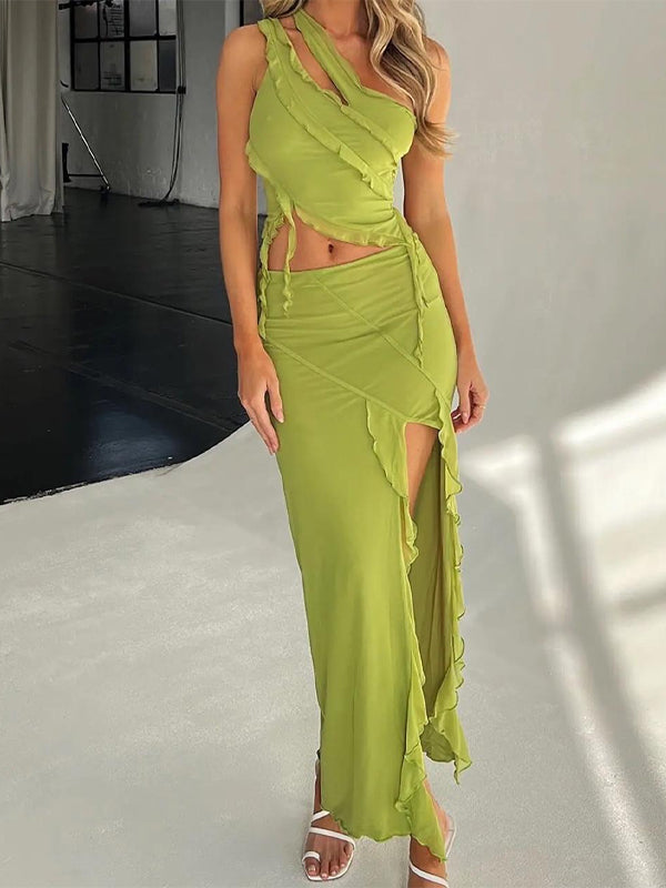 Asymmetric Neck Slit Two Piece Set