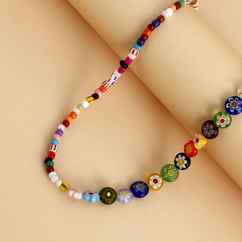 Glass Rainbow Flower Beaaded Necklace